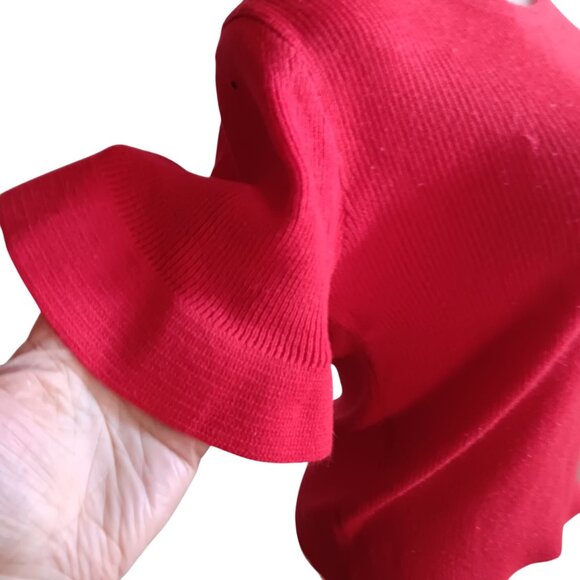 Women's Medium Knit Top Vintage 70s Red Short Sleeve With Ruffle Cuffs Crewneck - Picture 5 of 7